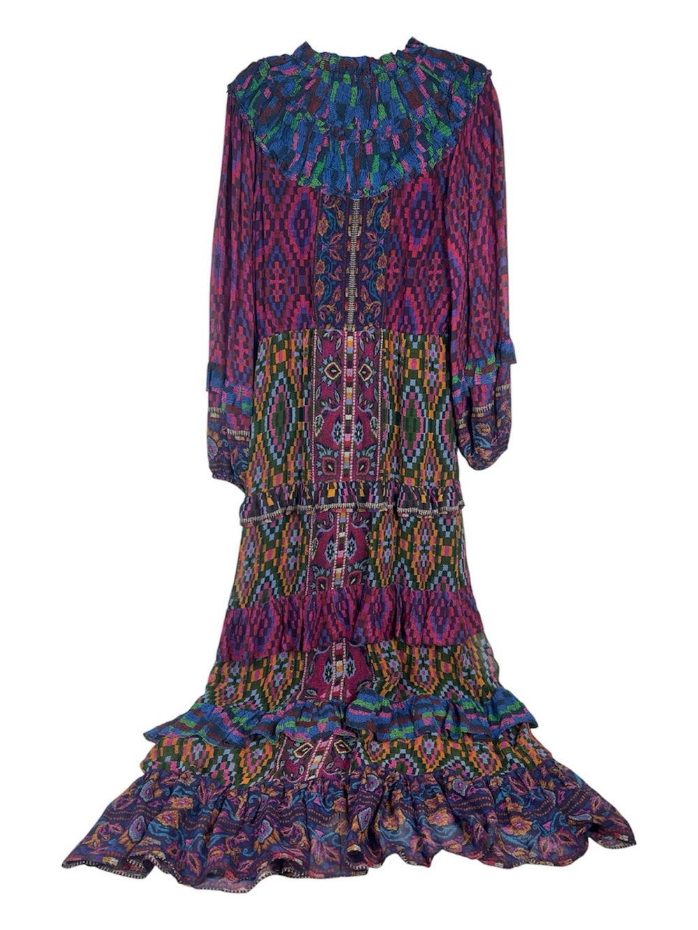 Farm Rio Sz Small Mixed Tapestry Maxi Dress Long Sleeve Blue Green Purple - Picture 3 of 13